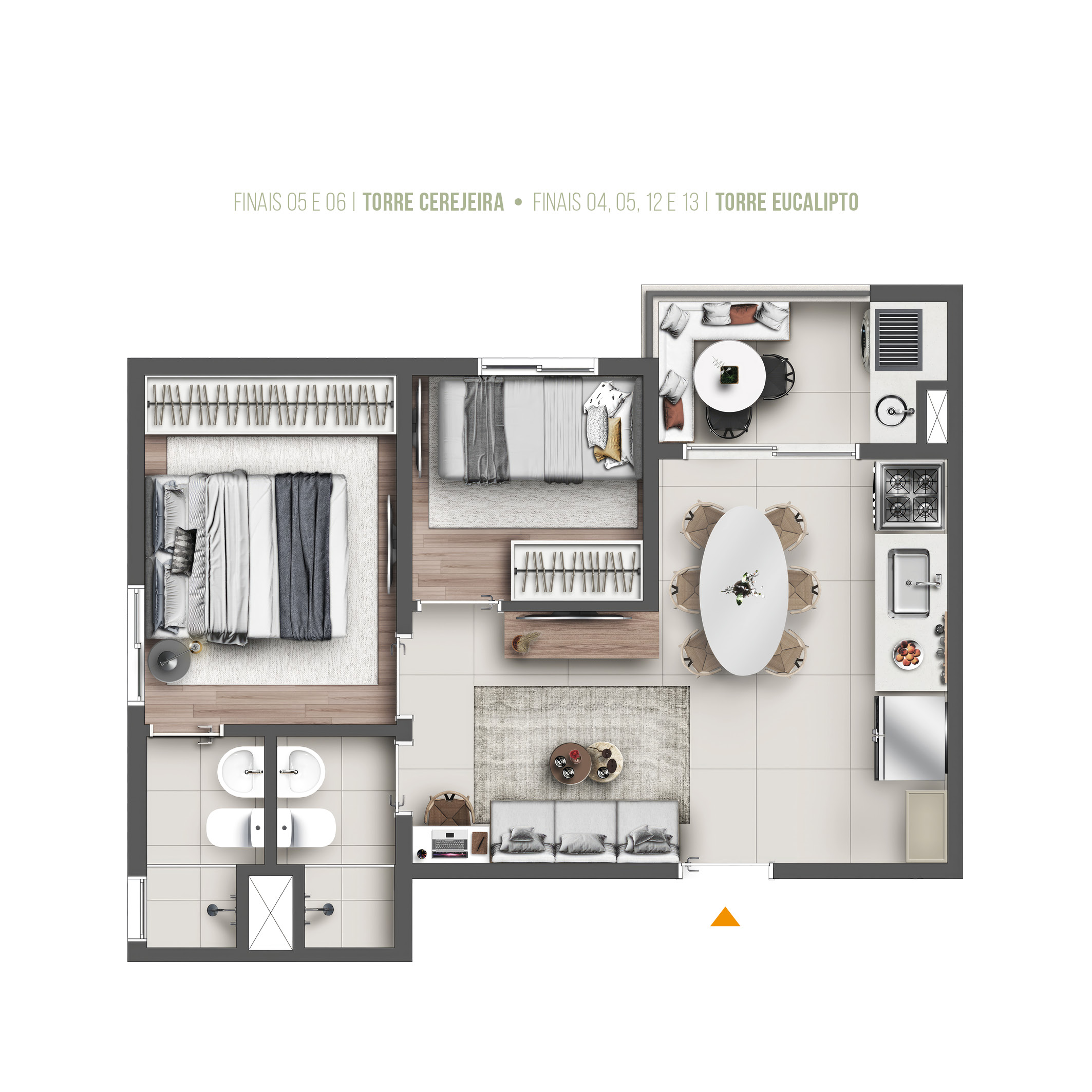 Planta Graal Parque, tipo 42 m² com suíte