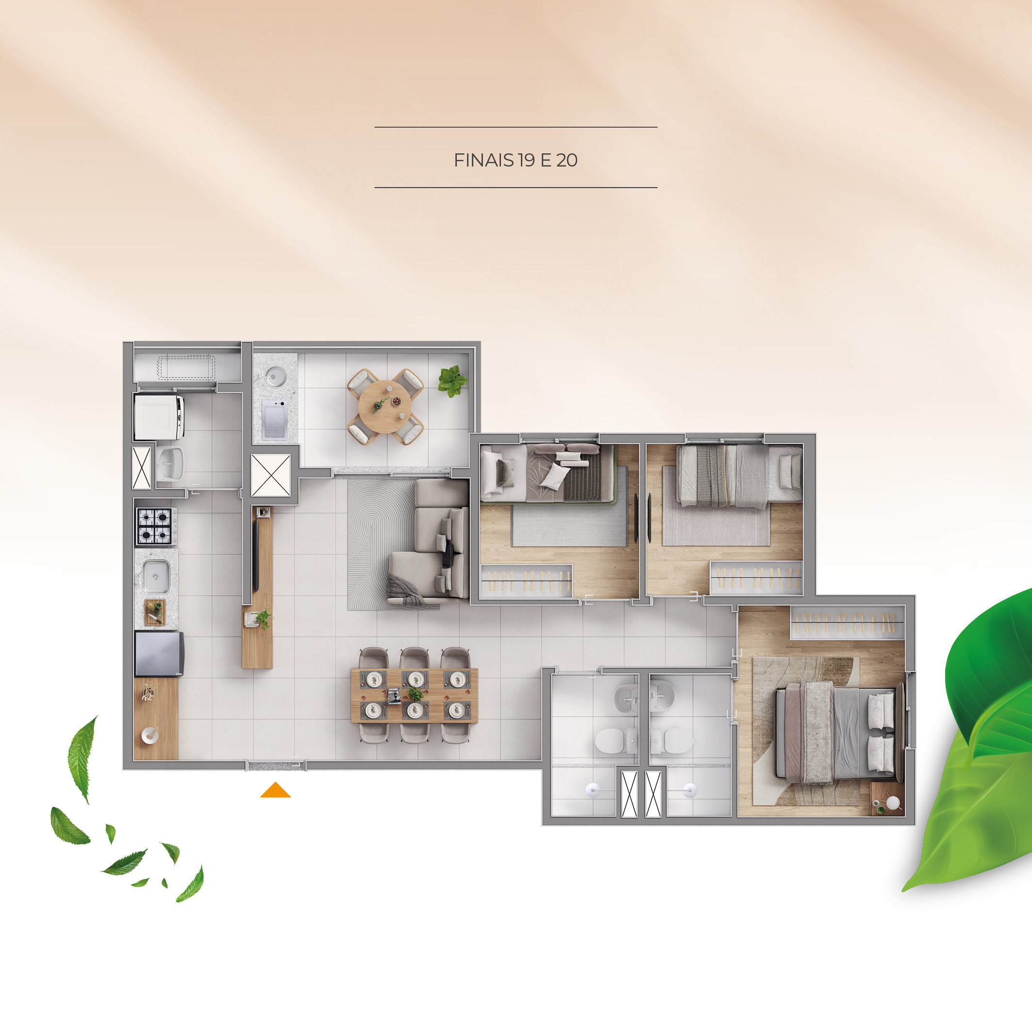 Planta Brisas da Praça Patriarca, tipo 64 m² com suíte